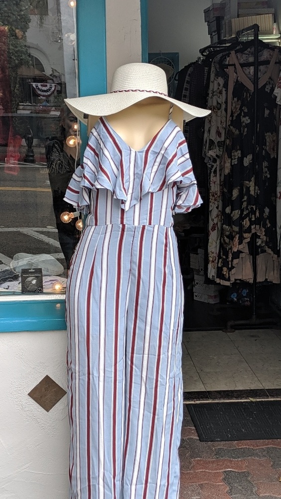 Red white and blue pin striped romper